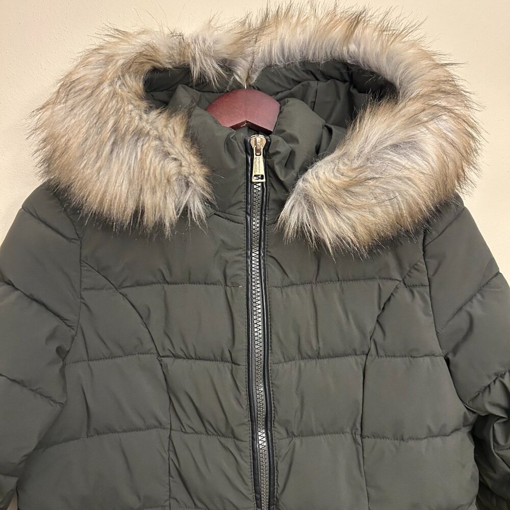 Laundry By Shelli Segal Detachable Fur Hood Puffer Jacket Size M Olive Green - Picture 2 of 16